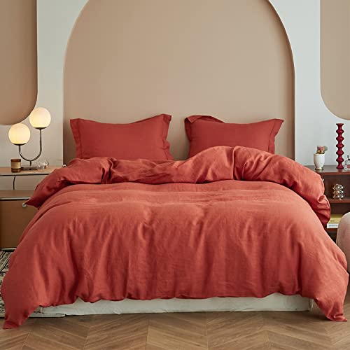 Simple&Opulence 100% Linen Duvet Cover Set 3pcs Basic Style Natural French Washed Flax Solid Color Soft Breathable Farmhouse Bedding with Button Closure - Brick Red, King