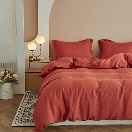 Simple&Opulence 100% Linen Duvet Cover Set 3pcs Basic Style Natural French Washed Flax Solid Color Soft Breathable Farmhouse Bedding with Button Closure - Brick Red, King