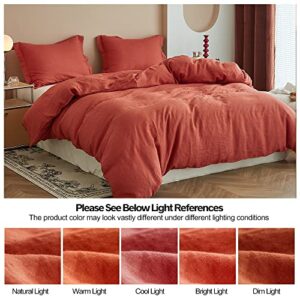 Simple&Opulence 100% Linen Duvet Cover Set 3pcs Basic Style Natural French Washed Flax Solid Color Soft Breathable Farmhouse Bedding with Button Closure - Brick Red, King