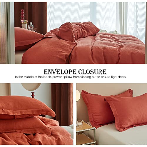 Simple&Opulence 100% Linen Duvet Cover Set 3pcs Basic Style Natural French Washed Flax Solid Color Soft Breathable Farmhouse Bedding with Button Closure - Brick Red, King