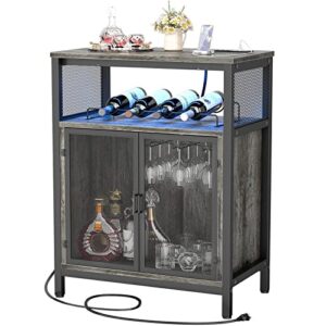 unikito wine bar cabinet with rgb light and outlet, freestanding wine rack table, liquor cabinet with glass holder, floor bar cabinet for liquor and glasses for home kitchen dining room, black oak