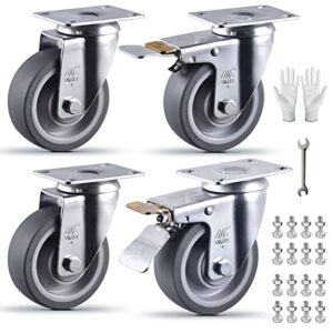 4 inch castets set of 4 heavy duty caster wheels with brake 2200lbs swivel tpr rubber wheel silent castor locking industrial plate casters wheels for cart furniture workbench, free bolts and nuts