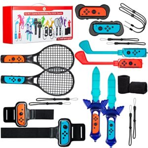 nintendo switch accessories bundle, switch controllers joy-con grips, 12 in 1 accessories kit for switch sports games, tennis rackets, comfort grips golf clubs, swords, wrist bands and leg strap