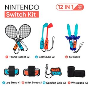 Nintendo Switch Accessories Bundle, Switch Controllers Joy-Con Grips, 12 IN 1 Accessories Kit for Switch Sports Games, Tennis Rackets, Comfort Grips Golf Clubs, Swords, Wrist Bands and Leg Strap