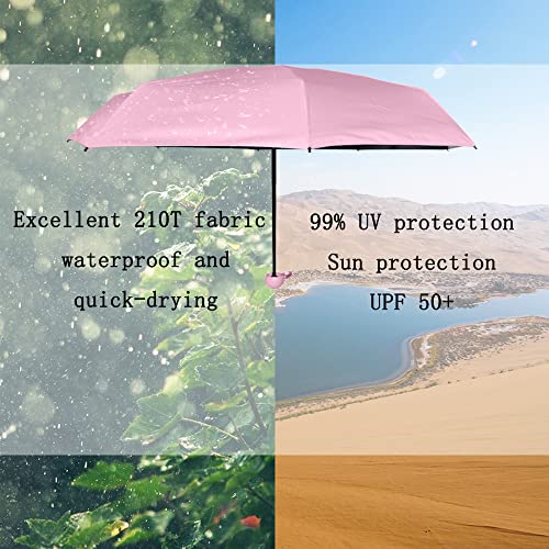 Mini Travel Umbrella - Wind Resistant, Small- Compact, Light, Strong Steel Shaft, Windproof, Mini, Folding and Portable - Backpack, Car, Purse Umbrellas for Sun and Rain - 99% UV Protection for Men and Women, Compact Umbrella (light pink with gift box)