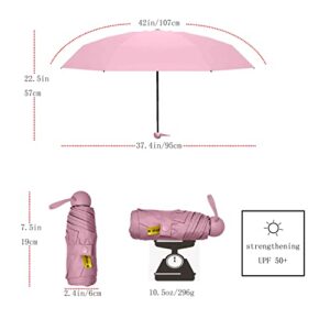 Mini Travel Umbrella - Wind Resistant, Small- Compact, Light, Strong Steel Shaft, Windproof, Mini, Folding and Portable - Backpack, Car, Purse Umbrellas for Sun and Rain - 99% UV Protection for Men and Women, Compact Umbrella (light pink with gift box)