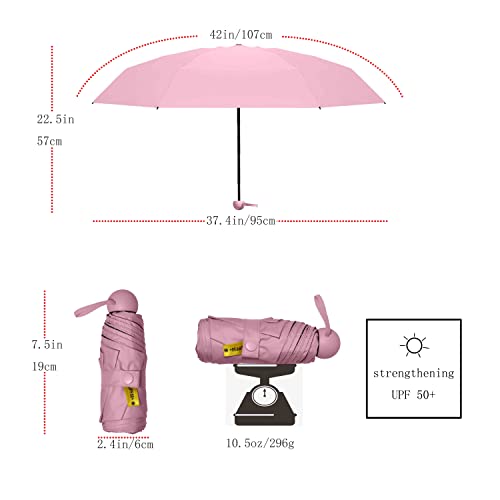 Mini Travel Umbrella - Wind Resistant, Small- Compact, Light, Strong Steel Shaft, Windproof, Mini, Folding and Portable - Backpack, Car, Purse Umbrellas for Sun and Rain - 99% UV Protection for Men and Women, Compact Umbrella (light pink with gift box)