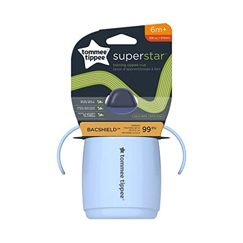 Tommee Tippee Superstar Trainer Sippy Cup for Toddlers, INTELLIVALVE 100% Leak-Proof & Shake-Proof | Antimicrobial Technology (10oz, 6+ Months, 1 Count), Blue