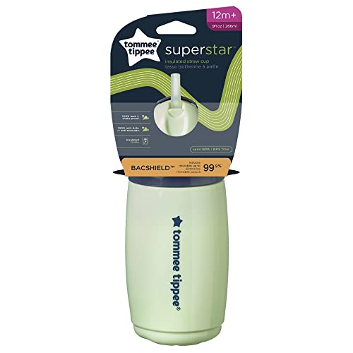 Tommee Tippee Superstar Straw Insulated Sippy Cup for Toddlers, INTELLIVALVE 100% Leak-Proof & Shake-Proof | Antimicrobial Technology (9oz, 12+ Months, 1 Count), Green