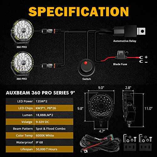 9 Inch 270W Round LED Driving Lights with Black Lens Covers 360 Pro Series Round Offroad Lights Super Bright Bumper Light Bar Fog Work Lights for Trucks Ford Jeep ATV Car