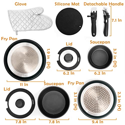 Moss & Stone Pots And Pans Set Nonstick, Removable Handle Cookware, Stackable , Dishwasher safe, Induction Aluminum Camping Cookware Set. (10 Pcs Black Kitchen Set)