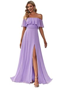 ever-pretty womens off-shoulder long a-line side slit formal prom dresses with sleeves lavender us12