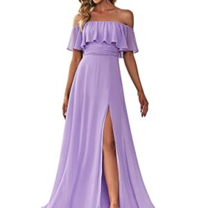 Ever-Pretty Womens Off-Shoulder Long A-line Side Slit Formal Prom Dresses with Sleeves Lavender US12