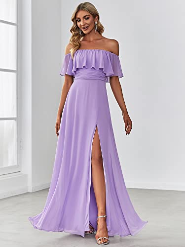 Ever-Pretty Womens Off-Shoulder Long A-line Side Slit Formal Prom Dresses with Sleeves Lavender US12
