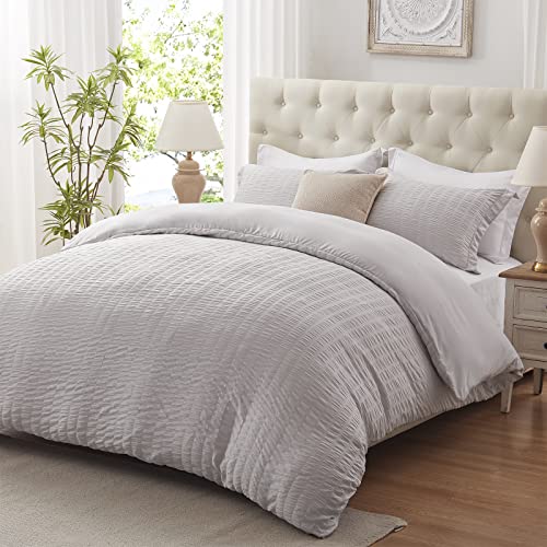 Cozyide Light Grey Duvet Cover Queen, 3 Pieces Bedding Duvet Covers, Soft Breathable Seersucker Duvet Cover Set with Zipper Closure and Corner Ties (1 Duvet Cover 90"x90" + 2 Pillow Shams 20"x26")