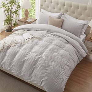 Cozyide Light Grey Duvet Cover Queen, 3 Pieces Bedding Duvet Covers, Soft Breathable Seersucker Duvet Cover Set with Zipper Closure and Corner Ties (1 Duvet Cover 90"x90" + 2 Pillow Shams 20"x26")