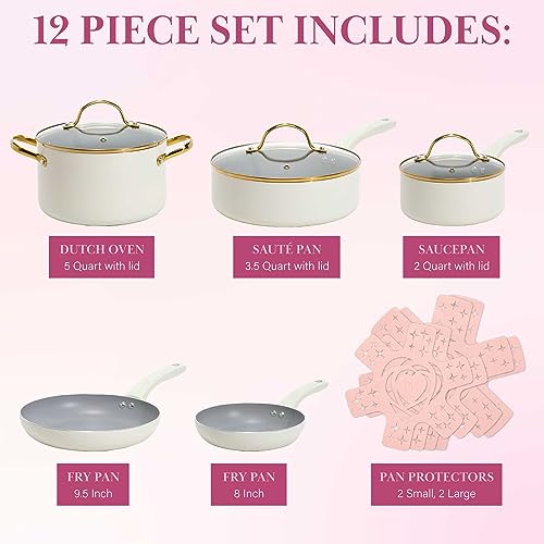 Paris Hilton Epic Nonstick Pots and Pans Set, Multi-layer Nonstick Coating, Tempered Glass Lids, Soft Touch, Stay Cool Handles, Made without PFOA, Dishwasher Safe Cookware Set, 12-Piece, Cream