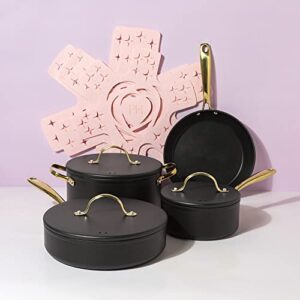 Paris Hilton Iconic Nonstick Pots and Pans Set, Multi-layer Nonstick Coating, Matching Lids With Gold Handles, Made without PFOA, Dishwasher Safe Cookware Set, 10-Piece, Black