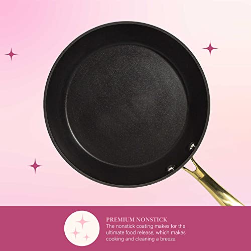 Paris Hilton Iconic Nonstick Pots and Pans Set, Multi-layer Nonstick Coating, Matching Lids With Gold Handles, Made without PFOA, Dishwasher Safe Cookware Set, 10-Piece, Black