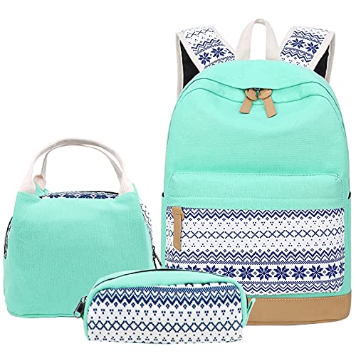 DUPHLAGT Backpack for Teens Grils Schoolbags - Casual Girls Backpack for Kids Lightweight Bookbag Set 3 in 1 with Lunch Box & Pencil(Mint Green)