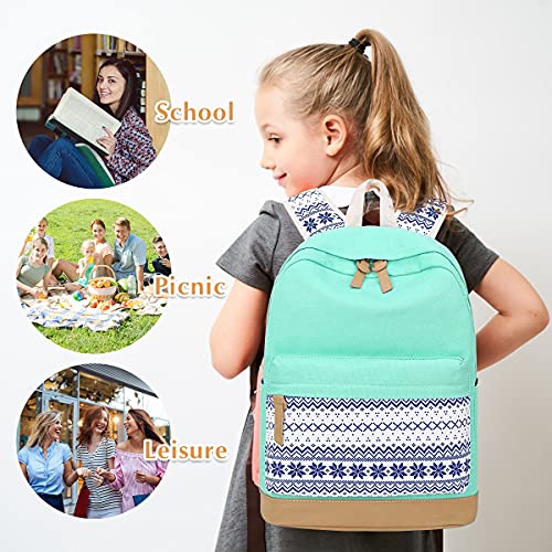 DUPHLAGT Backpack for Teens Grils Schoolbags - Casual Girls Backpack for Kids Lightweight Bookbag Set 3 in 1 with Lunch Box & Pencil(Mint Green)