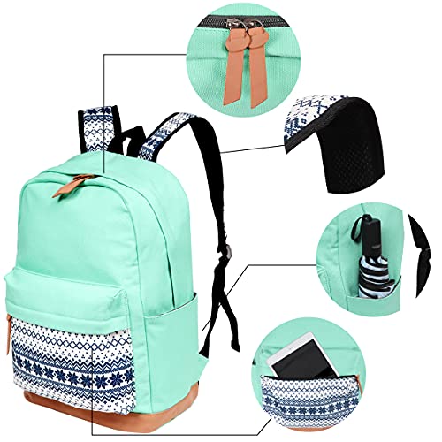 DUPHLAGT Backpack for Teens Grils Schoolbags - Casual Girls Backpack for Kids Lightweight Bookbag Set 3 in 1 with Lunch Box & Pencil(Mint Green)