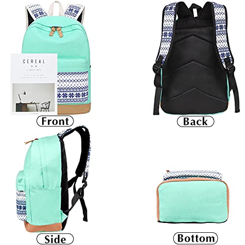 DUPHLAGT Backpack for Teens Grils Schoolbags - Casual Girls Backpack for Kids Lightweight Bookbag Set 3 in 1 with Lunch Box & Pencil(Mint Green)