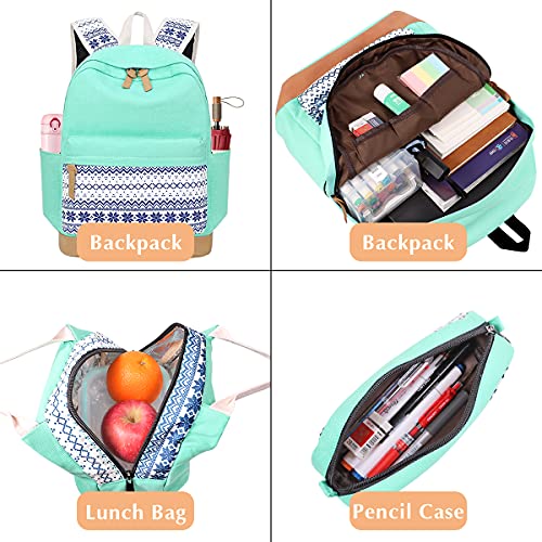 DUPHLAGT Backpack for Teens Grils Schoolbags - Casual Girls Backpack for Kids Lightweight Bookbag Set 3 in 1 with Lunch Box & Pencil(Mint Green)