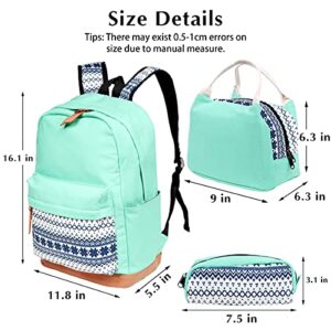 DUPHLAGT Backpack for Teens Grils Schoolbags - Casual Girls Backpack for Kids Lightweight Bookbag Set 3 in 1 with Lunch Box & Pencil(Mint Green)