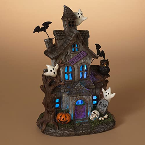 One Holiday Way 11.5-Inch LED Lighted Color Changing Halloween Village Haunted House Figurine with Skull, Pumpkin, Ghosts, Bats, Owl – Decorative Light Up Spooky Mansion Figure Tabletop Home Decor