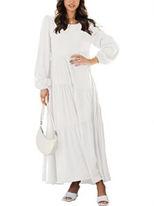 anrabess women’s boho casual loose puff long sleeve crewneck asymmetric tiered beach maxi long dress 596bai-m white