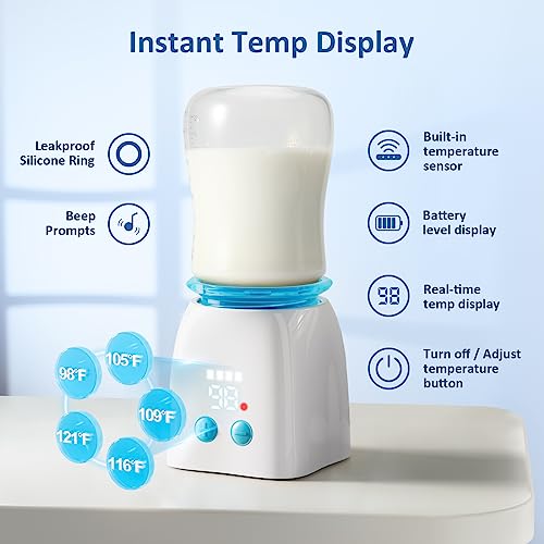 Bottle Warmer,Portable Bottle Warmer with 8 Adapters, Cordless Travel Bottle Warmer with 5 Accurate Temperature Control, Rechargeable Baby Bottle Warmer for Breastmilk or Formula