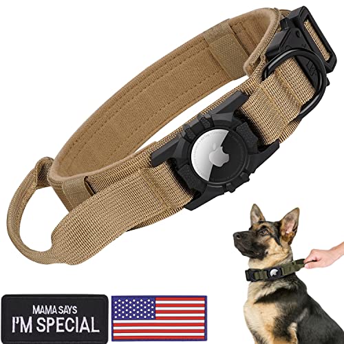 Tactical AirTag Dog Collar, FEEYAR Heavy Duty Air Tag Dog Collar [Thick & Wide], Military Dog Collar with Apple AirTag Holder and Handle, Adjustable GPS Dog Collar for Medium Large Dogs (L, Brown)