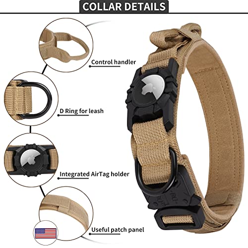 Tactical AirTag Dog Collar, FEEYAR Heavy Duty Air Tag Dog Collar [Thick & Wide], Military Dog Collar with Apple AirTag Holder and Handle, Adjustable GPS Dog Collar for Medium Large Dogs (L, Brown)