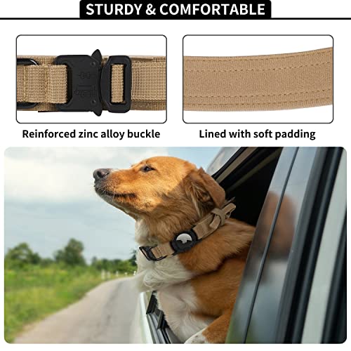 Tactical AirTag Dog Collar, FEEYAR Heavy Duty Air Tag Dog Collar [Thick & Wide], Military Dog Collar with Apple AirTag Holder and Handle, Adjustable GPS Dog Collar for Medium Large Dogs (L, Brown)