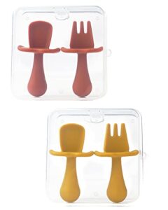 4 pcs baby spoons self feeding 6 months, silicone baby spoons first stage, toddler utensils for baby led weaning with 2 cases (caramel, tumeric)