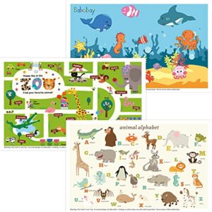 disposable placemats for baby - kids placemat that stick on dining table at restaurant, travel essentials for toddlers table mat - assorted 40 pack with 3 designs