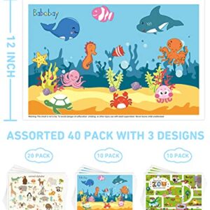 Disposable Placemats for Baby - Kids Placemat That Stick on Dining Table at Restaurant, Travel Essentials for Toddlers Table Mat - Assorted 40 Pack with 3 Designs