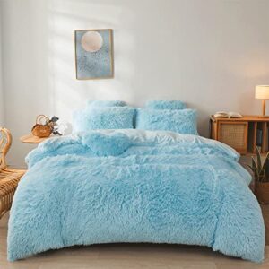 fluffy blue comforter cover set queen - ultra soft plush blue bedding sets 3 pieces (1 faux fur duvet cover + 2 faux fur pillow case) blue bed set queen (blue, queen)