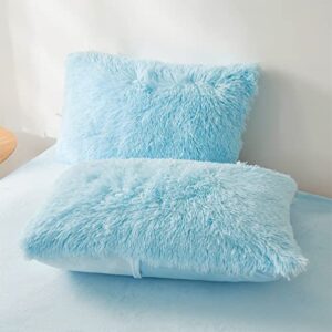 Fluffy Blue Comforter Cover Set Queen - Ultra Soft Plush Blue Bedding Sets 3 Pieces (1 Faux Fur Duvet Cover + 2 Faux Fur Pillow case) Blue Bed Set Queen (Blue, Queen)