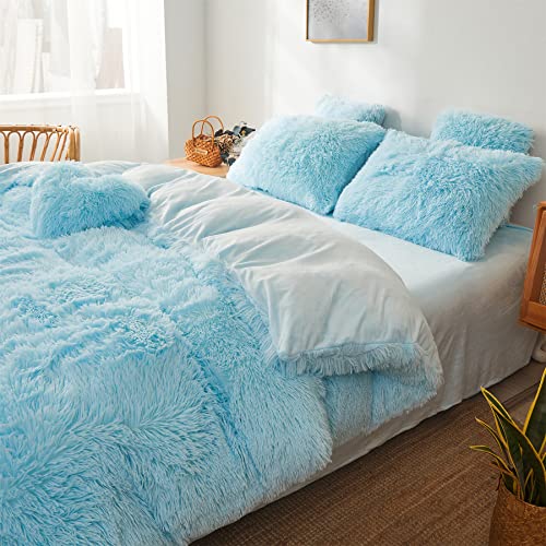 Fluffy Blue Comforter Cover Set Queen - Ultra Soft Plush Blue Bedding Sets 3 Pieces (1 Faux Fur Duvet Cover + 2 Faux Fur Pillow case) Blue Bed Set Queen (Blue, Queen)