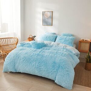 Fluffy Blue Comforter Cover Set Queen - Ultra Soft Plush Blue Bedding Sets 3 Pieces (1 Faux Fur Duvet Cover + 2 Faux Fur Pillow case) Blue Bed Set Queen (Blue, Queen)