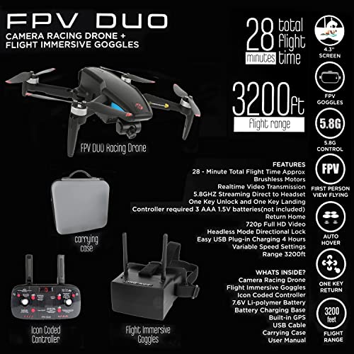 VTI FPV Duo Camera Racing Drone with Flight Immersive Goggles for Adults and Kids, Photo, Video, FPV drone, Easy to Use Controls, 28 Minute Flight Time