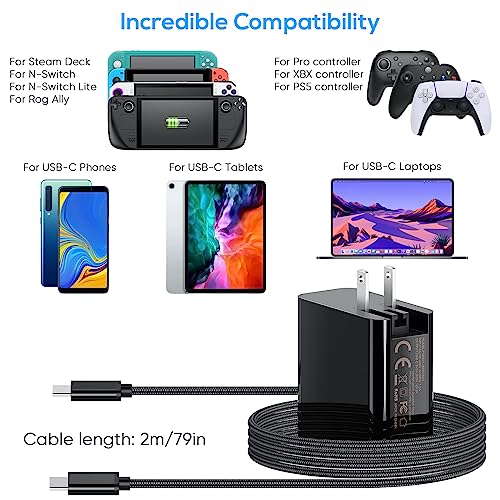 Fast Charger for Steam Deck &Nintendo Switch& ROG Ally,MENEEA 65W/45W PD Foldable Power Adapter with 6.6FT USB-C Charging Cable Cord,Accessories for Steam Deck TV Dock Console/Lite/Phone/Tablet/Laptop