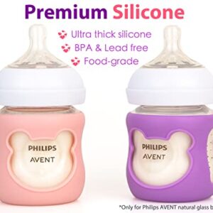 100% Silicone Baby Bottle Sleeves for Philips Avent Natural Glass Baby Bottles, Premium Food Grade Silicone Bottle Cover, Cute Bear Design, 4oz, Pack of 2 (Pink/Purple)