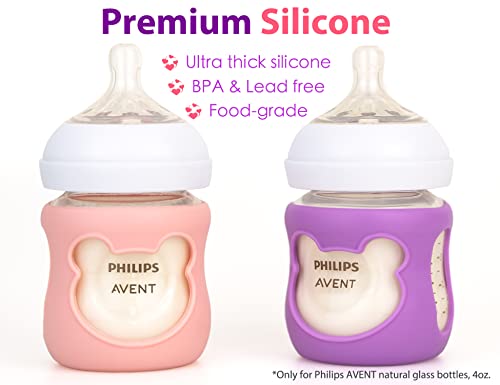 100% Silicone Baby Bottle Sleeves for Philips Avent Natural Glass Baby Bottles, Premium Food Grade Silicone Bottle Cover, Cute Bear Design, 4oz, Pack of 2 (Pink/Purple)