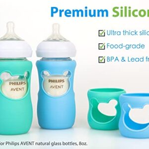 100% Silicone Baby Bottle Sleeves for Philips Avent Natural Glass Baby Bottles, Premium Food Grade Silicone Bottle Cover, Cute Bear Design, 8oz, Pack of 2 (Blue and Turquoise)