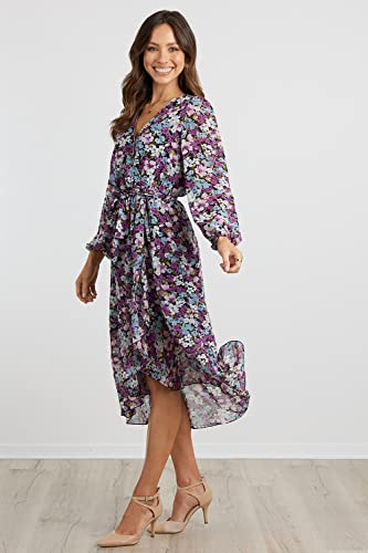 PRETTYGARDEN Women's Floral Print Boho Dress Long Sleeve Wrap V Neck Ruffle Belted A-Line Flowy Maxi Dresses (Floral Purple,Small)