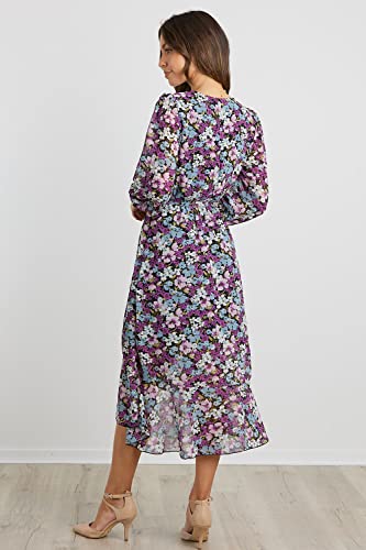 PRETTYGARDEN Women's Floral Print Boho Dress Long Sleeve Wrap V Neck Ruffle Belted A-Line Flowy Maxi Dresses (Floral Purple,Small)