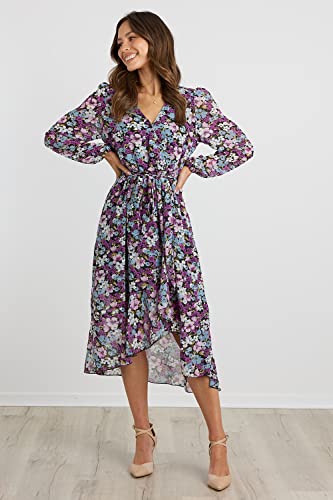 PRETTYGARDEN Women's Floral Print Boho Dress Long Sleeve Wrap V Neck Ruffle Belted A-Line Flowy Maxi Dresses (Floral Purple,Small)